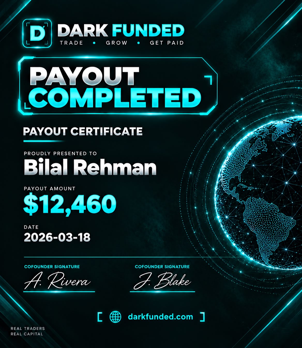 Dark Funded payout certificate — Bilal Rehman, $12,460