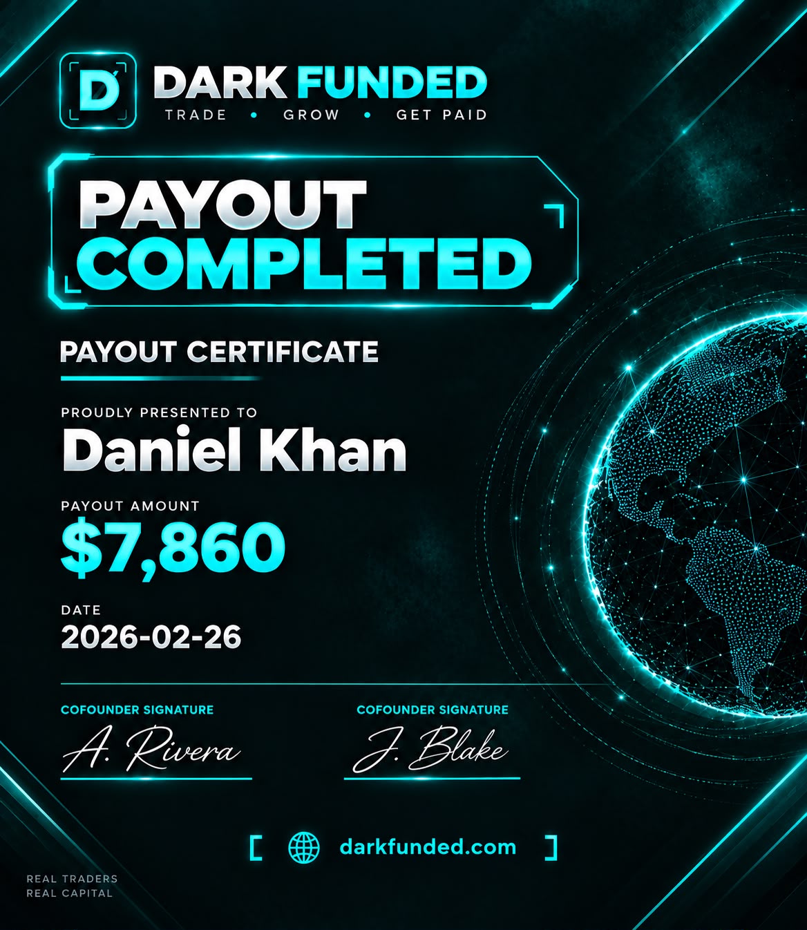 Dark Funded payout certificate — Daniel Khan, $7,860
